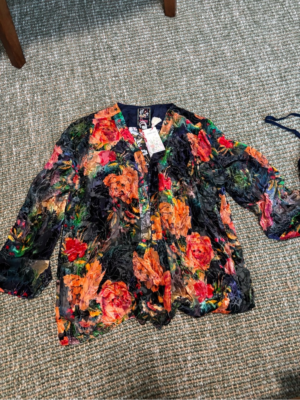 Johnny Was Multicolor Velvet Burnout Floral Top